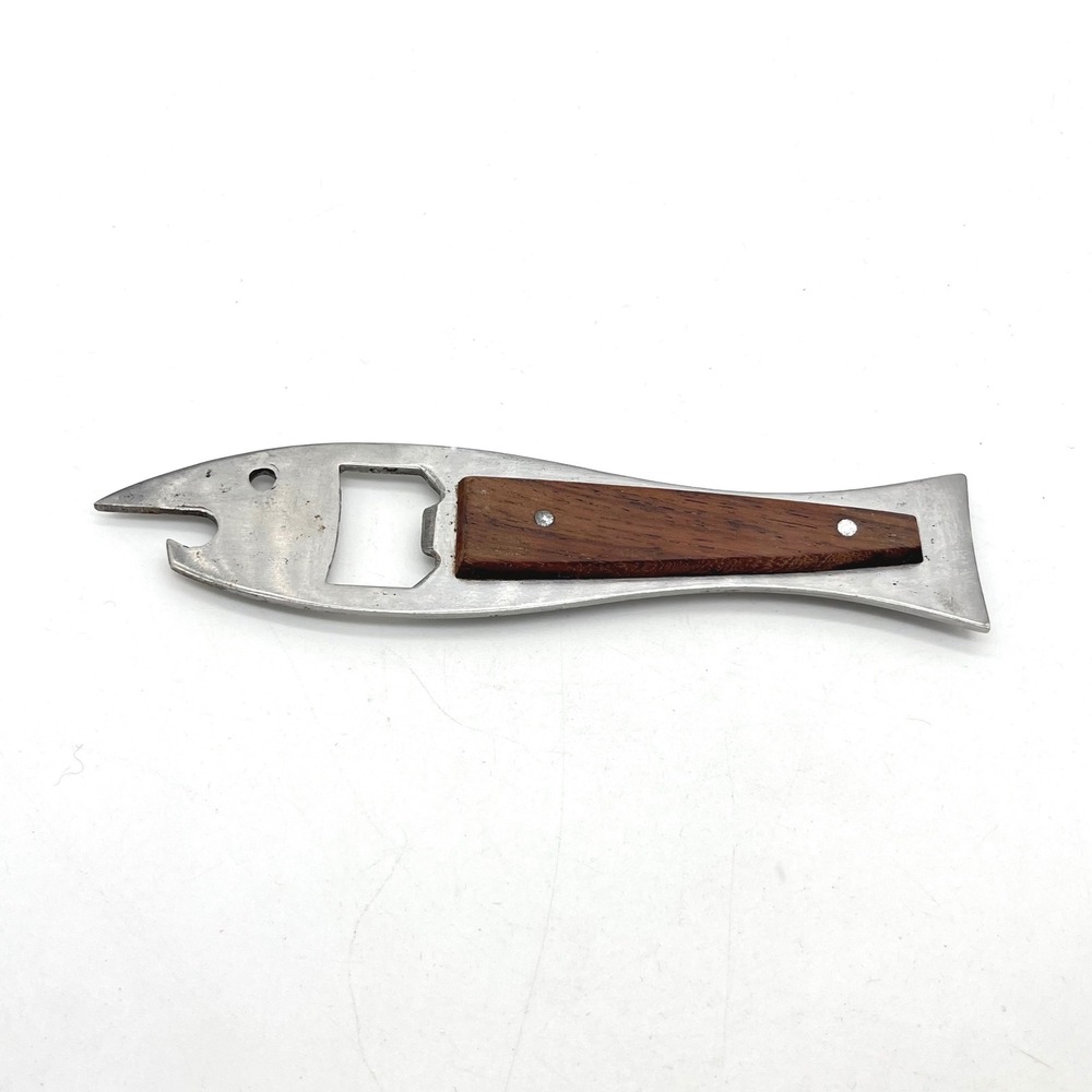 Vintage Stainless Steel Fish Bottle Opener Wood Inlay Japan‎ Multi-Tool Barware